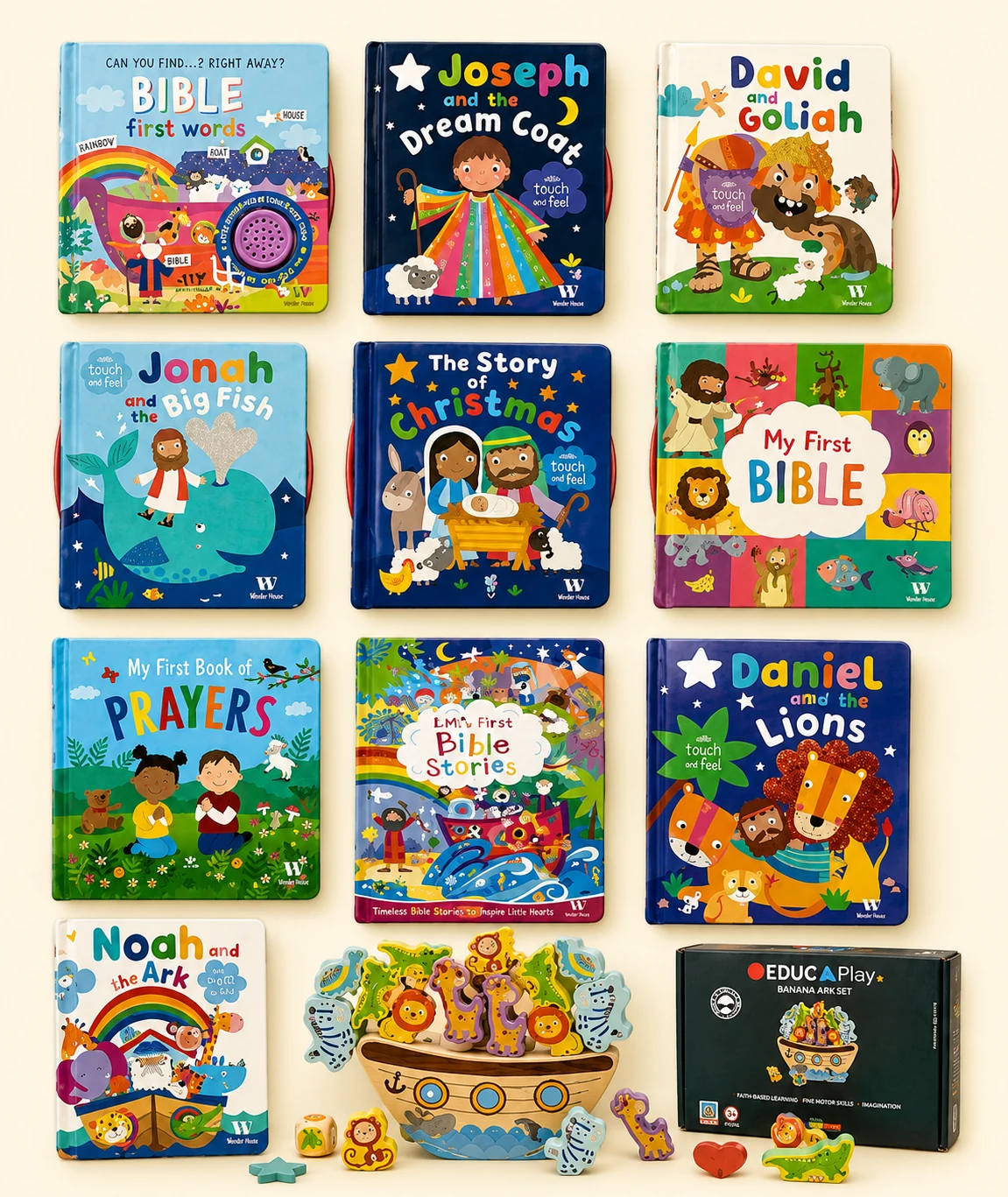 Selection of children’s Bible books and a Noah’s Ark game from the Little Blessings Club collection