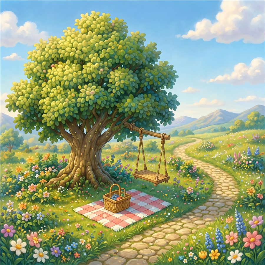 Campo florido com balanço e caminho