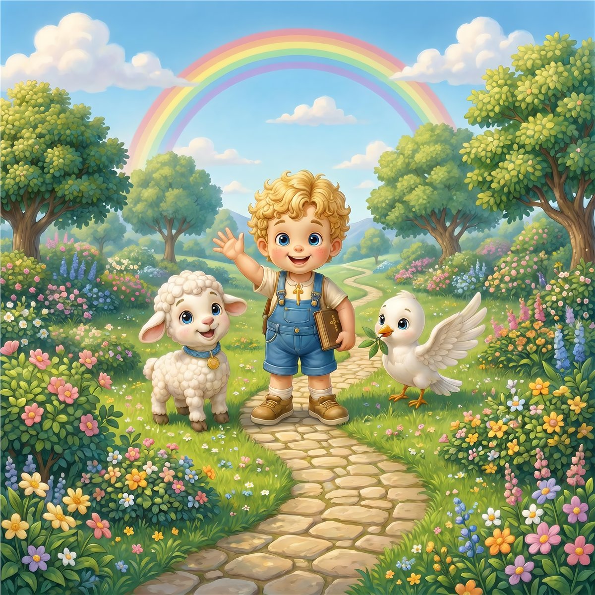 Thomas, Ovelhinha e Pombinha em um caminho florido